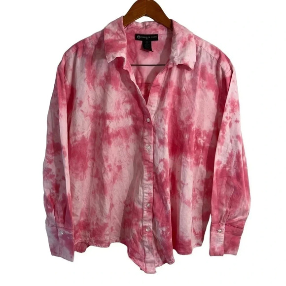 Fashion to Figure NWT Pink Tie Dye Button Up Shirt Plus Size 0X Long Sleeves Top - Picture 1 of 7